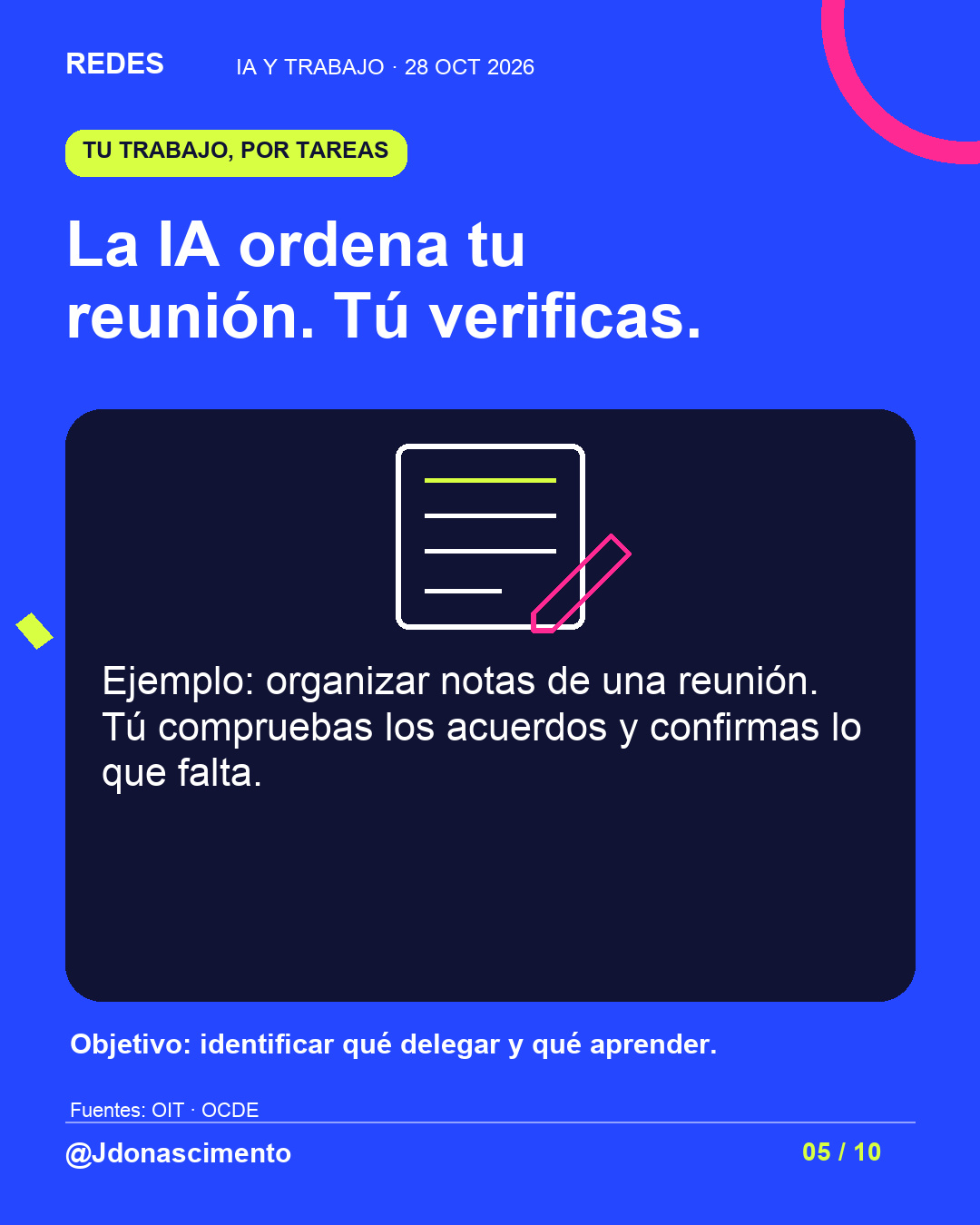 Fondo azul eléctrico, tarjeta medianoche e ilustración lineal original sobre IA y trabajo. La IA ordena tu reunión. Tú verificas.. Ejemplo: organizar notas de una reunión. Tú compruebas los acuerdos y confirmas lo que falta. Objetivo: identificar qué delegar y qué aprender.. Fuentes: OIT · OCDE. @Jdonascimento.