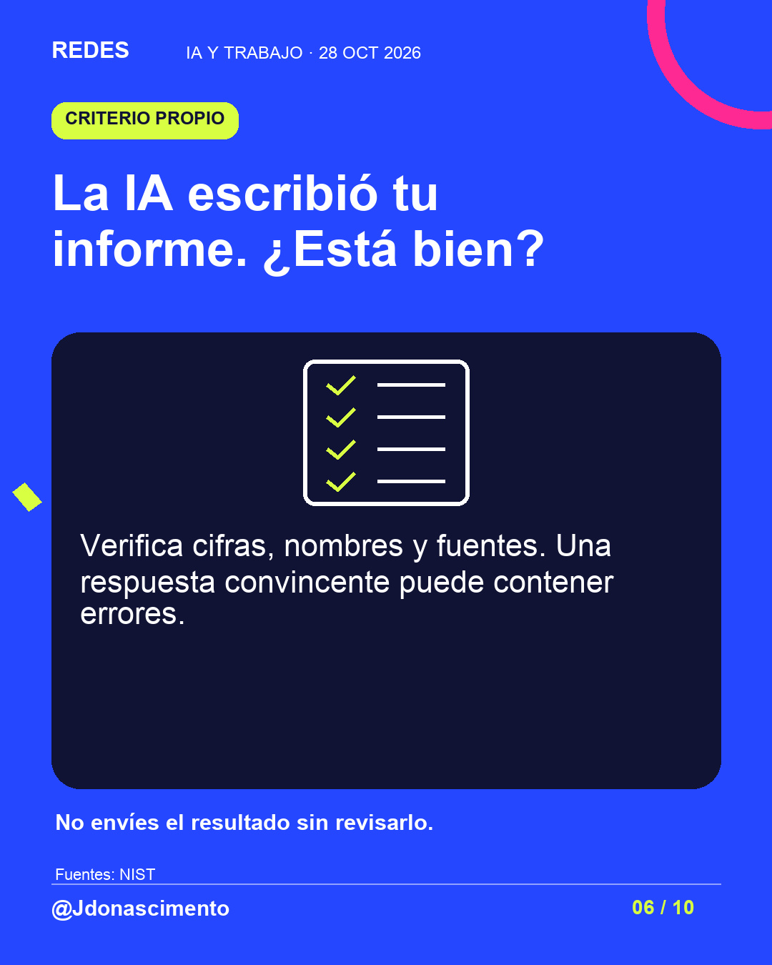Fondo azul eléctrico, tarjeta medianoche e ilustración lineal original sobre IA y trabajo. La IA escribió tu informe. ¿Está bien?. Verifica cifras, nombres y fuentes. Una respuesta convincente puede contener errores. No envíes el resultado sin revisarlo.. Fuentes: NIST. @Jdonascimento.