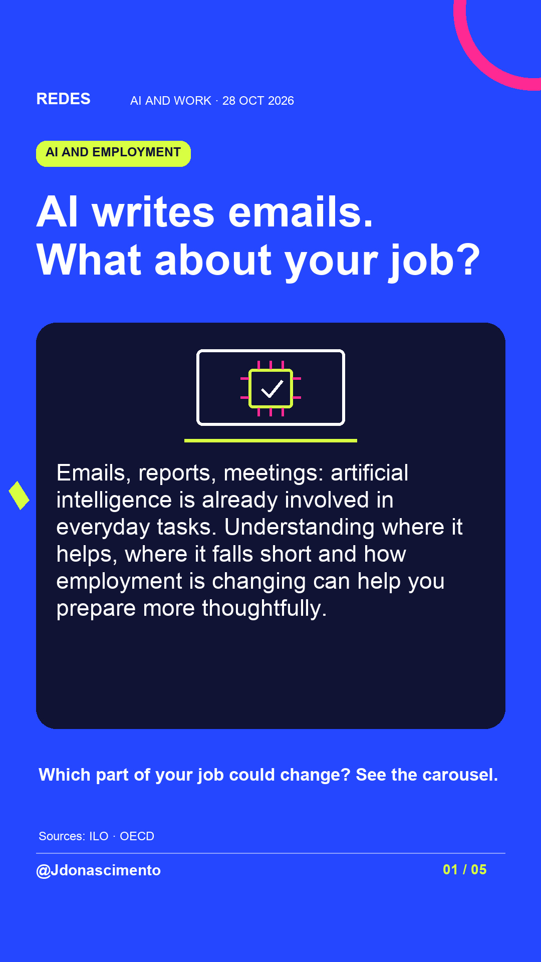 Electric blue background, midnight card and original line illustration about AI and work. AI writes emails. What about your job?. Emails, reports, meetings: artificial intelligence is already involved in everyday tasks. Understanding where it helps, where it falls short and how employment is changing can help you prepare more thoughtfully. Which part of your job could change? See the carousel.. Sources: ILO · OECD. @Jdonascimento.