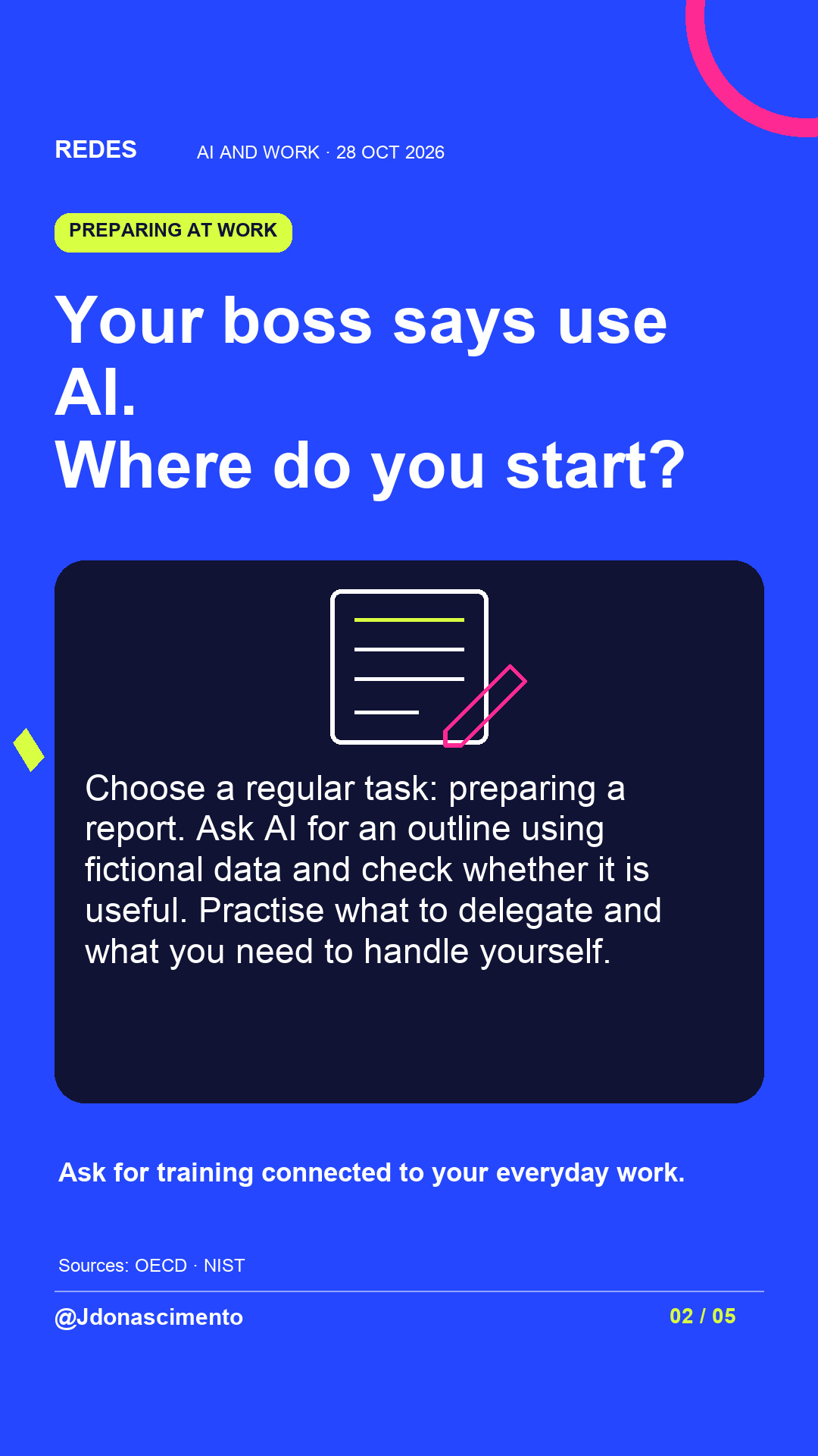 Electric blue background, midnight card and original line illustration about AI and work. Your boss says use AI. Where do you start?. Choose a regular task: preparing a report. Ask AI for an outline using fictional data and check whether it is useful. Practise what to delegate and what you need to handle yourself. Ask for training connected to your everyday work.. Sources: OECD · NIST. @Jdonascimento.