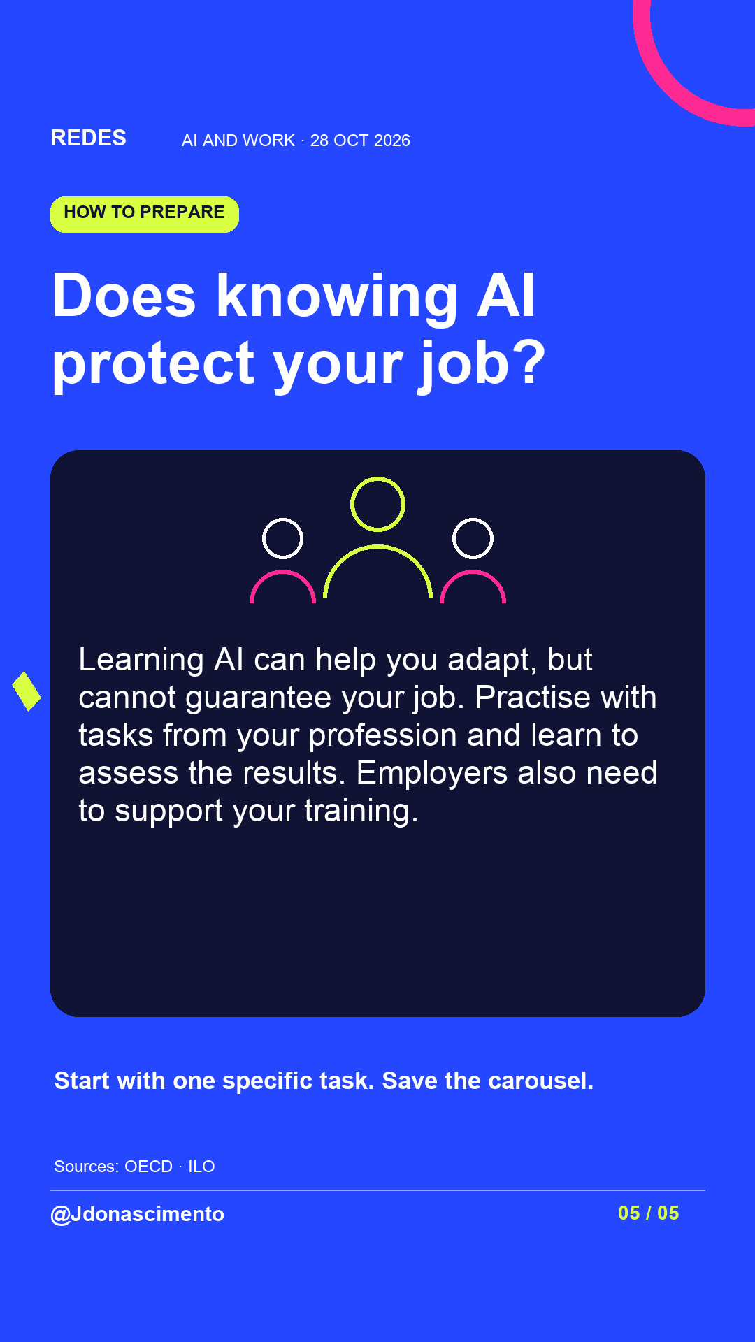 Electric blue background, midnight card and original line illustration about AI and work. Does knowing AI protect your job?. Learning AI can help you adapt, but cannot guarantee your job. Practise with tasks from your profession and learn to assess the results. Employers also need to support your training. Start with one specific task. Save the carousel.. Sources: OECD · ILO. @Jdonascimento.