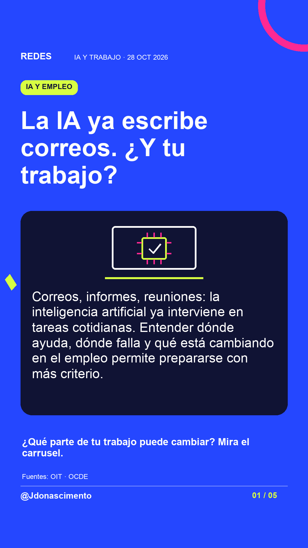 Fondo azul eléctrico, tarjeta medianoche e ilustración lineal original sobre IA y trabajo. La IA ya escribe correos. ¿Y tu trabajo?. Correos, informes, reuniones: la inteligencia artificial ya interviene en tareas cotidianas. Entender dónde ayuda, dónde falla y qué está cambiando en el empleo permite prepararse con más criterio. ¿Qué parte de tu trabajo puede cambiar? Mira el carrusel.. Fuentes: OIT · OCDE. @Jdonascimento.