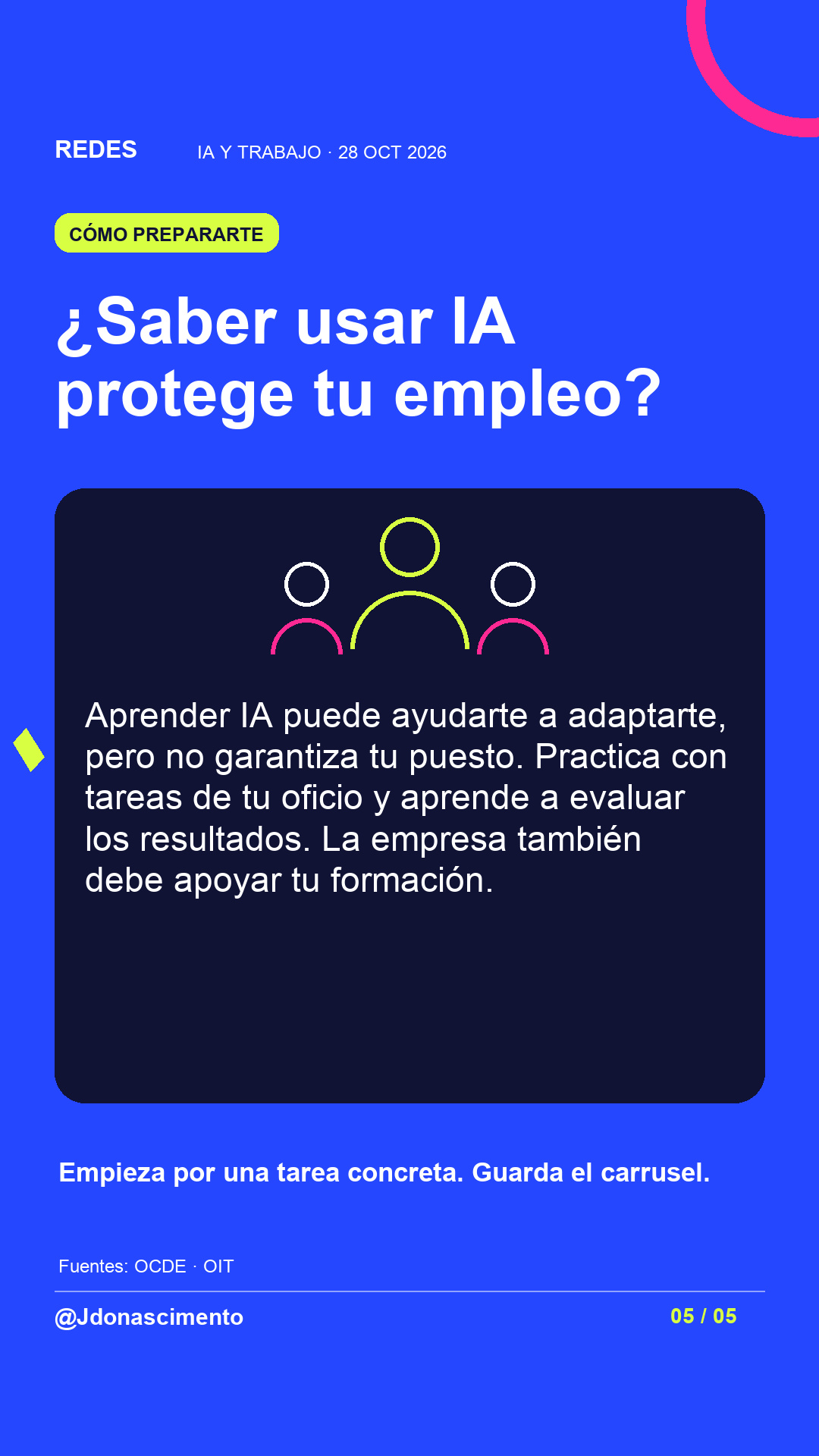 Fondo azul eléctrico, tarjeta medianoche e ilustración lineal original sobre IA y trabajo. ¿Saber usar IA protege tu empleo?. Aprender IA puede ayudarte a adaptarte, pero no garantiza tu puesto. Practica con tareas de tu oficio y aprende a evaluar los resultados. La empresa también debe apoyar tu formación. Empieza por una tarea concreta. Guarda el carrusel.. Fuentes: OCDE · OIT. @Jdonascimento.
