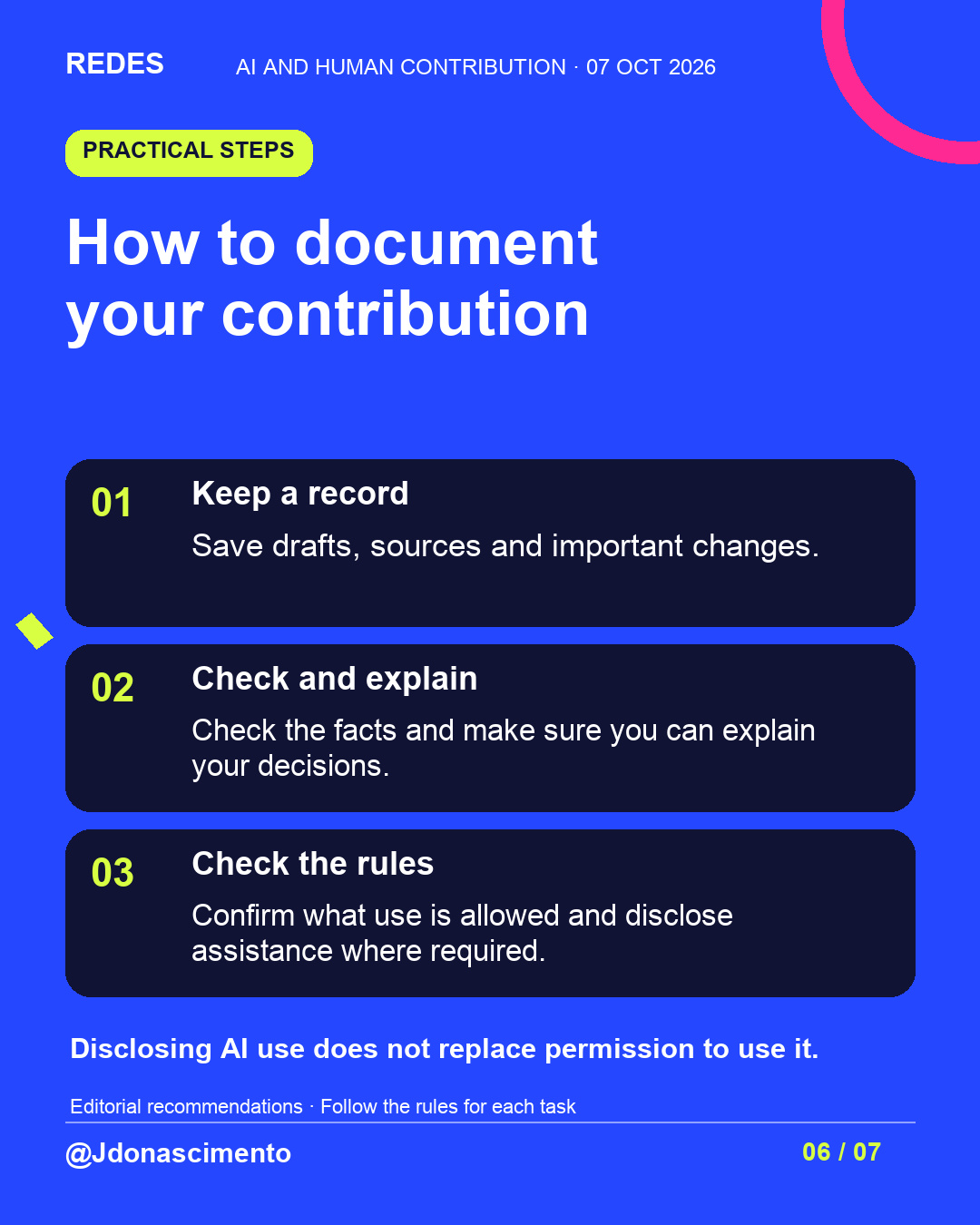 Blue background, dark cards and lime and pink accents. How to document your contribution 01 Keep a record Save drafts, sources and important changes. 02 Check and explain Check the facts and make sure you can explain your decisions. 03 Check the rules Confirm what use is allowed and disclose assistance where required. Disclosing AI use does not replace permission to use it. Editorial recommendations · Follow the rules for each task @Jdonascimento.
