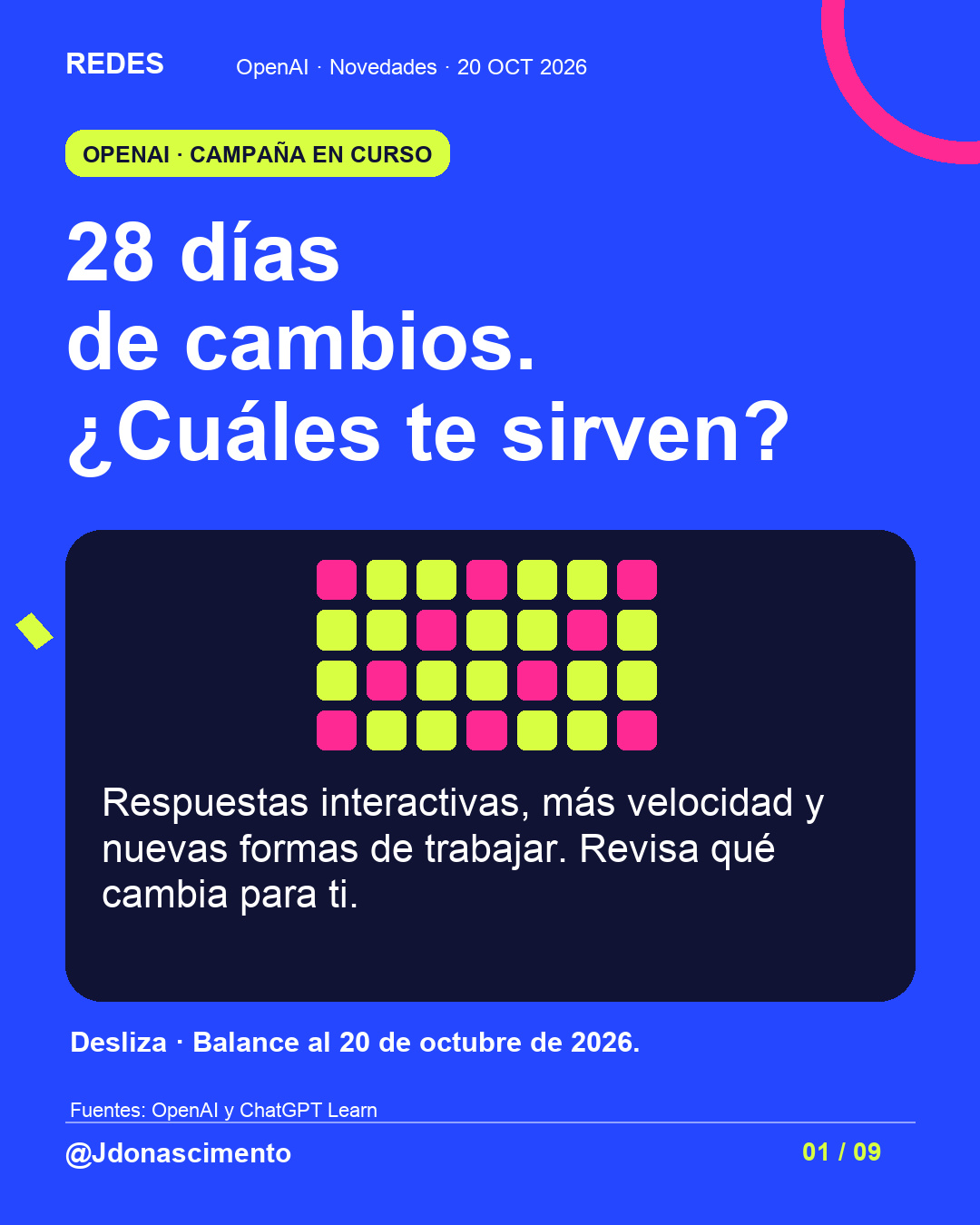 Fondo azul, tarjetas oscuras y acentos lima y fucsia. 28 días de cambios. ¿Cuáles te sirven? Respuestas interactivas, más velocidad y nuevas formas de trabajar. Revisa qué cambia para ti. Desliza · Balance al 20 de octubre de 2026. Fuentes: OpenAI y ChatGPT Learn @Jdonascimento.