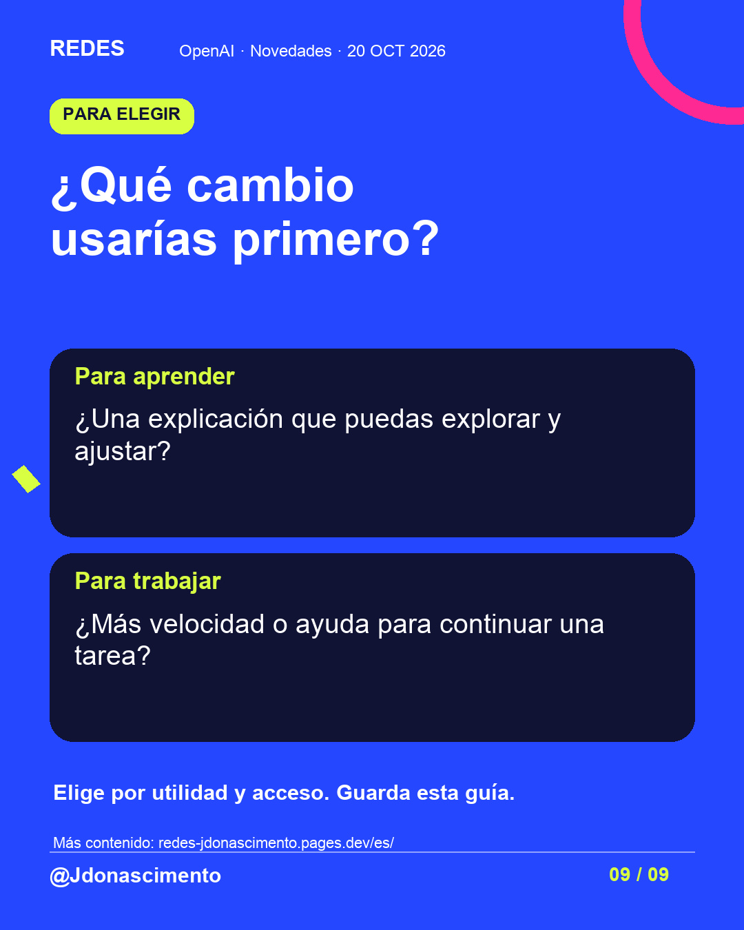 Fondo azul, tarjetas oscuras y acentos lima y fucsia. ¿Qué cambio usarías primero? Para aprender ¿Una explicación que puedas explorar y ajustar? Para trabajar ¿Más velocidad o ayuda para continuar una tarea? Elige por utilidad y acceso. Guarda esta guía. Más contenido: redes-jdonascimento.pages.dev/es/ @Jdonascimento.
