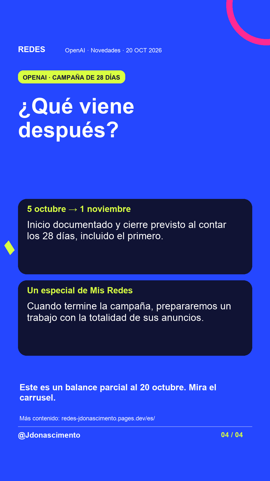 Fondo azul, tarjetas oscuras y acentos lima y fucsia. ¿Qué viene después? 5 octubre → 1 noviembre Inicio documentado y cierre previsto al contar los 28 días, incluido el primero. Un especial de Mis Redes Cuando termine la campaña, prepararemos un trabajo con la totalidad de sus anuncios. Este es un balance parcial al 20 octubre. Mira el carrusel. Más contenido: redes-jdonascimento.pages.dev/es/ @Jdonascimento.