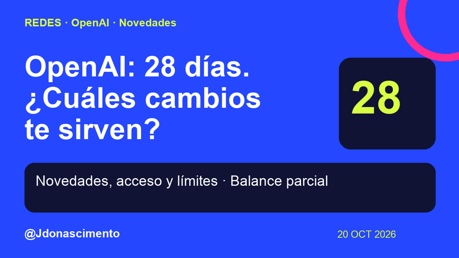 Fondo azul, tarjetas oscuras y acentos lima y fucsia. OpenAI: 28 días. ¿Cuáles cambios te sirven? Novedades, acceso y límites · Balance parcial @Jdonascimento.