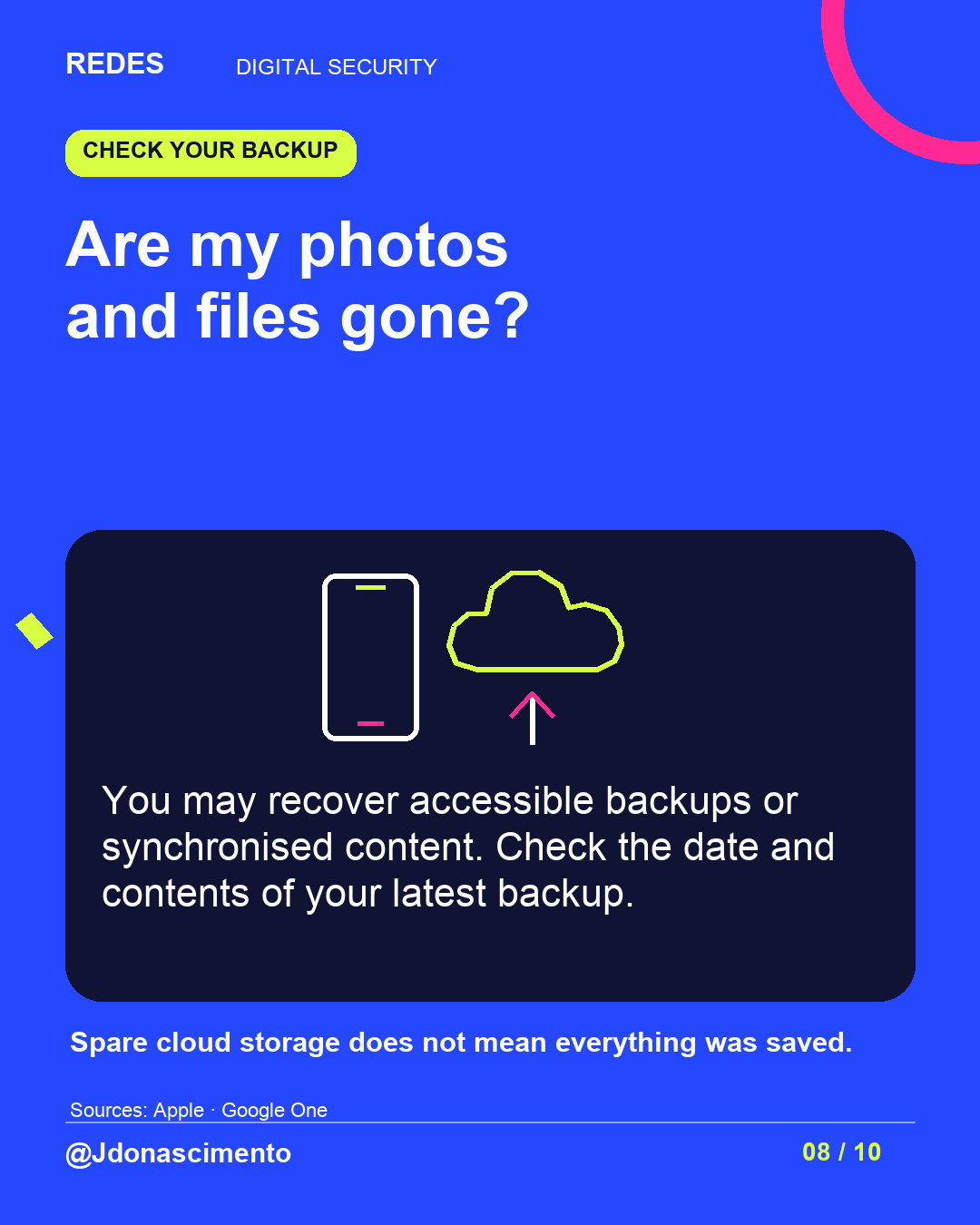 Electric blue background, midnight card and original line illustration about phone security. Are my photos and files gone?. You may recover accessible backups or synchronised content. Check the date and contents of your latest backup. Spare cloud storage does not mean everything was saved.. Sources: Apple · Google One. @Jdonascimento.