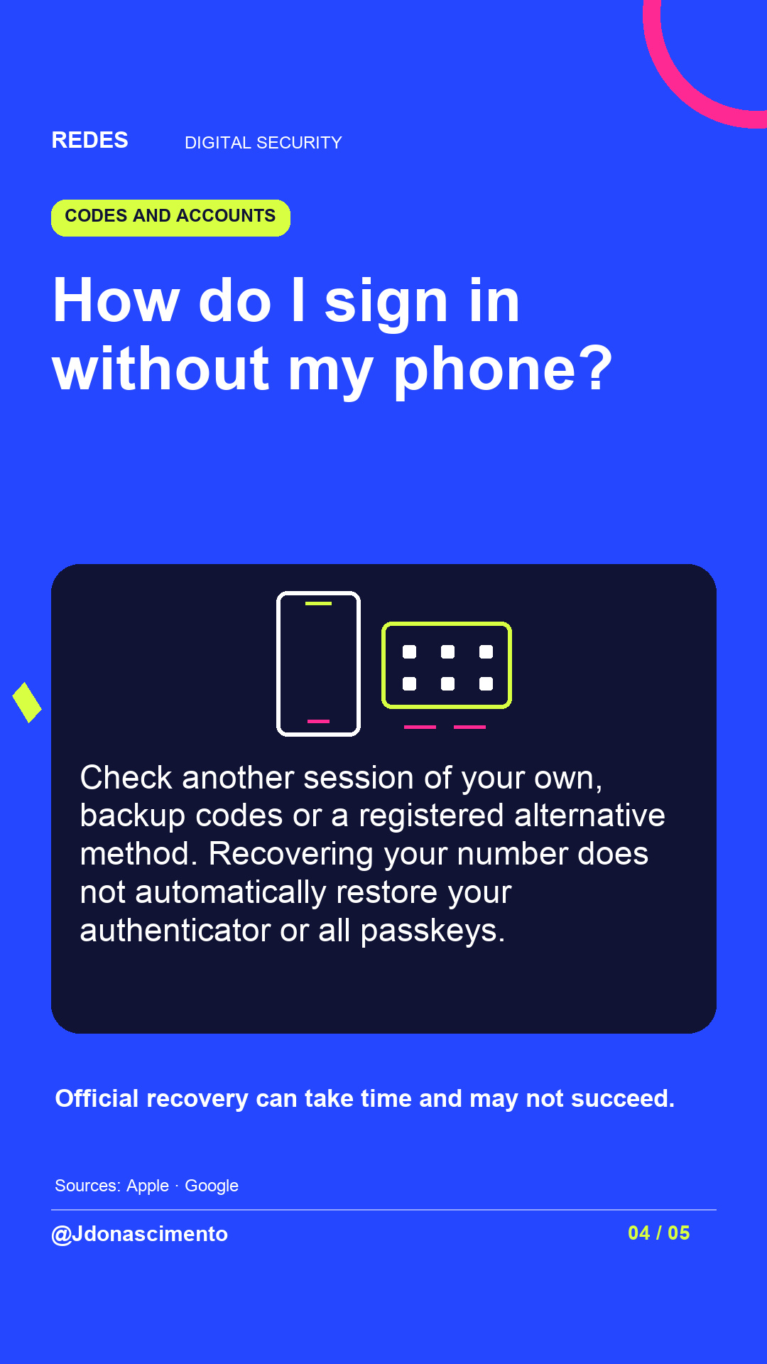 Electric blue background, midnight card and original line illustration about phone security. How do I sign in without my phone?. Check another session of your own, backup codes or a registered alternative method. Recovering your number does not automatically restore your authenticator or all passkeys. Official recovery can take time and may not succeed.. Sources: Apple · Google. @Jdonascimento.