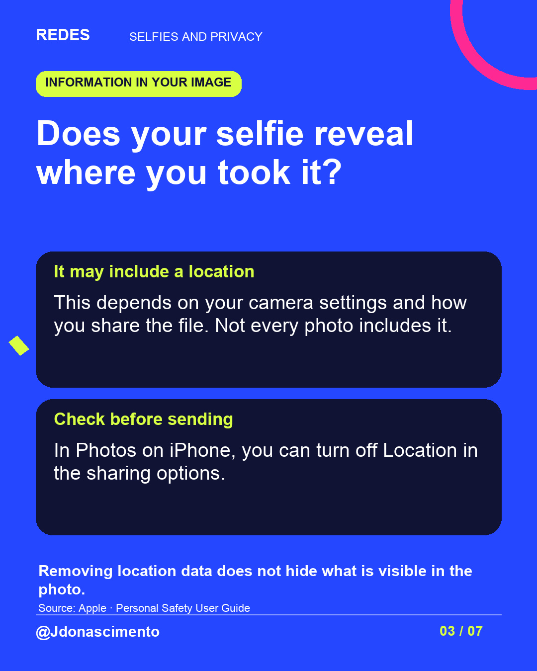 Blue background, dark cards and lime and pink accents. Does your selfie reveal where you took it? It may include a location This depends on your camera settings and how you share the file. Not every photo includes it. Check before sending In Photos on iPhone, you can turn off Location in the sharing options. Removing location data does not hide what is visible in the photo. Source: Apple · Personal Safety User Guide @Jdonascimento.