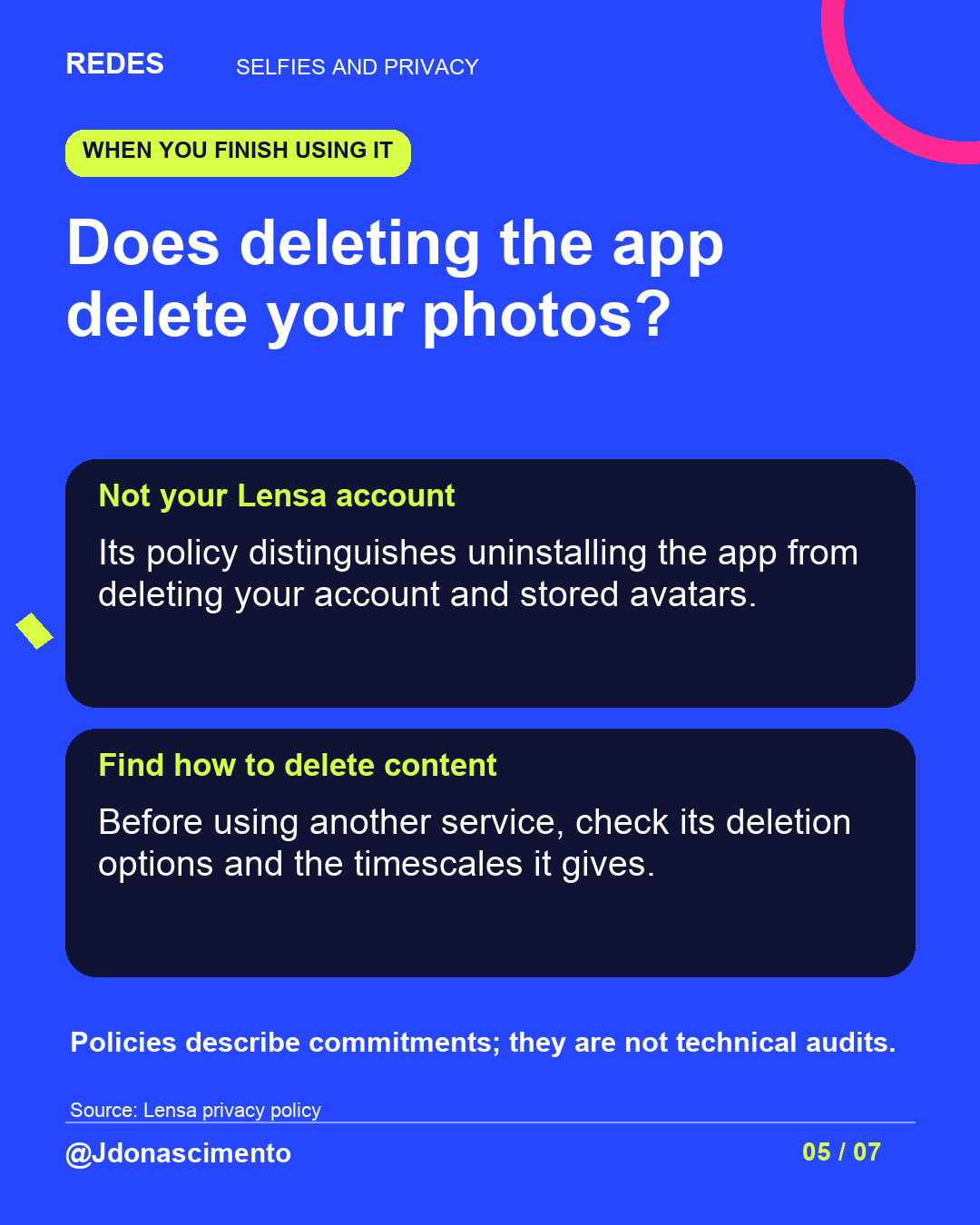 Blue background, dark cards and lime and pink accents. Does deleting the app delete your photos? Not your Lensa account Its policy distinguishes uninstalling the app from deleting your account and stored avatars. Find how to delete content Before using another service, check its deletion options and the timescales it gives. Policies describe commitments; they are not technical audits. Source: Lensa privacy policy @Jdonascimento.