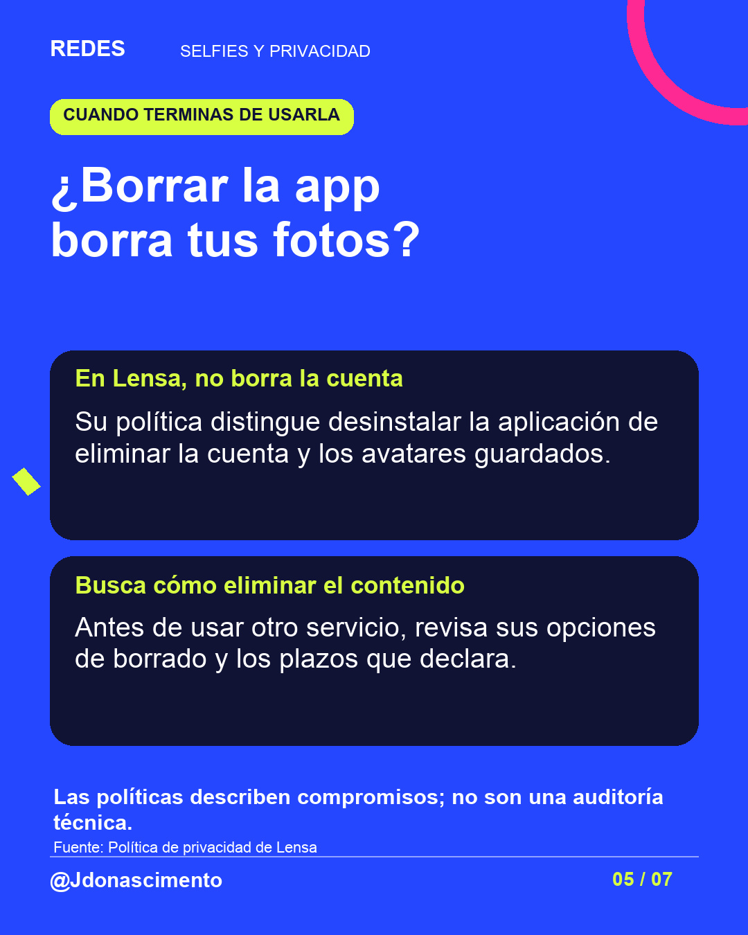 Fondo azul, tarjetas oscuras y acentos lima y fucsia. ¿Borrar la app borra tus fotos? En Lensa, no borra la cuenta Su política distingue desinstalar la aplicación de eliminar la cuenta y los avatares guardados. Busca cómo eliminar el contenido Antes de usar otro servicio, revisa sus opciones de borrado y los plazos que declara. Las políticas describen compromisos; no son una auditoría técnica. Fuente: Política de privacidad de Lensa @Jdonascimento.