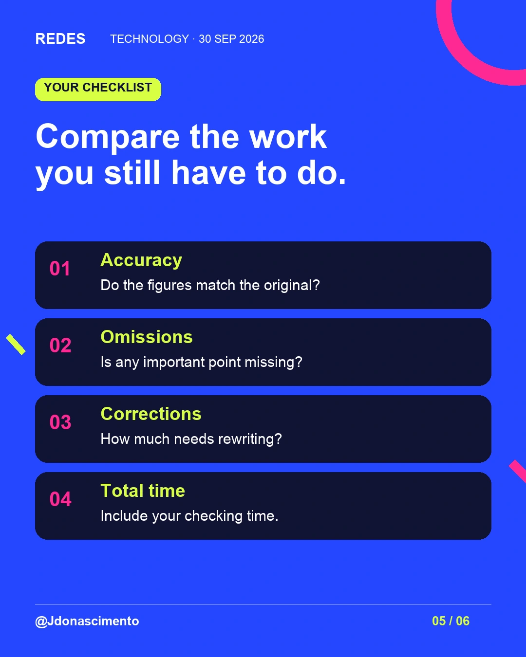 AI comparison checklist: accuracy, omissions, corrections and total time including review.