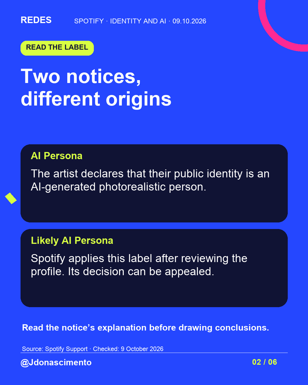 Blue background, dark cards and lime and pink accents. Two notices, different origins AI Persona The artist declares that their public identity is an AI-generated photorealistic person. Likely AI Persona Spotify applies this label after reviewing the profile. Its decision can be appealed. Read the notice’s explanation before drawing conclusions. Source: Spotify Support · Checked: 9 October 2026 @Jdonascimento.
