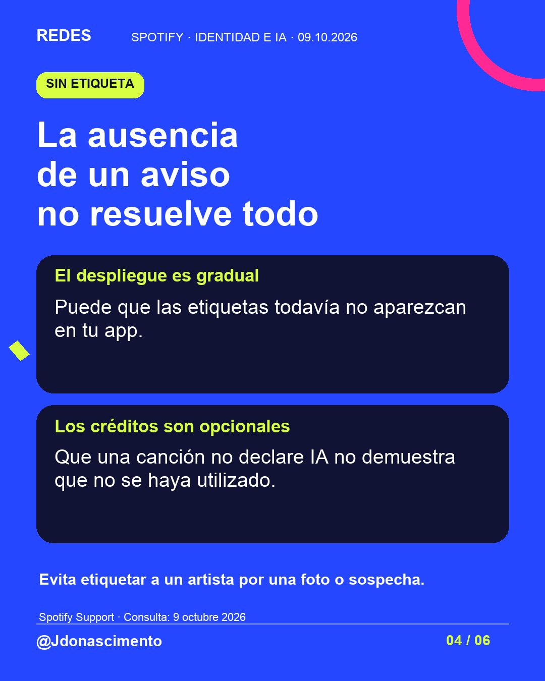 Fondo azul, tarjetas oscuras y acentos lima y fucsia. La ausencia de un aviso no resuelve todo El despliegue es gradual Puede que las etiquetas todavía no aparezcan en tu app. Los créditos son opcionales Que una canción no declare IA no demuestra que no se haya utilizado. Evita etiquetar a un artista por una foto o sospecha. Spotify Support · Consulta: 9 octubre 2026 @Jdonascimento.