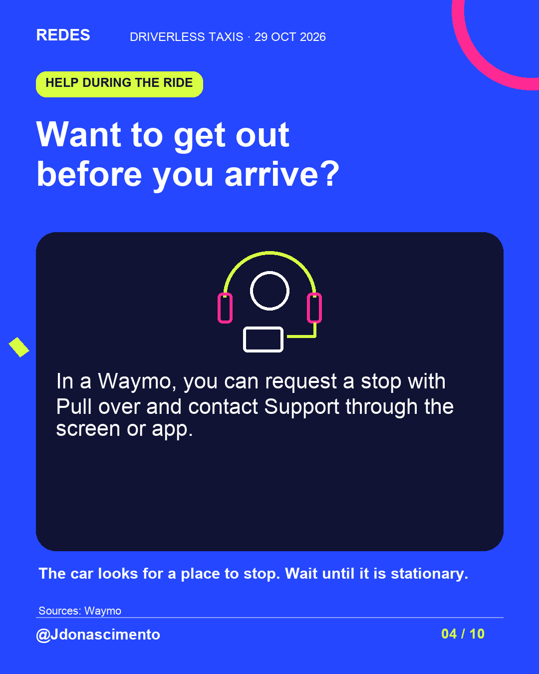 Electric blue background, midnight card and original line illustration about driverless taxis. Want to get out before you arrive?. In a Waymo, you can request a stop with Pull over and contact Support through the screen or app. The car looks for a place to stop. Wait until it is stationary.. Sources: Waymo. @Jdonascimento.
