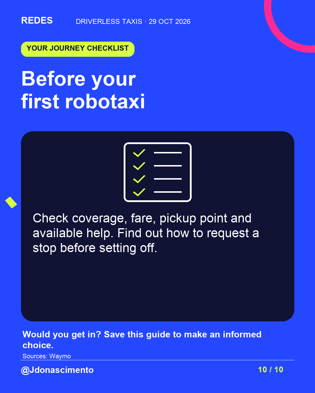 Electric blue background, midnight card and original line illustration about driverless taxis. Before your first robotaxi. Check coverage, fare, pickup point and available help. Find out how to request a stop before setting off. Would you get in? Save this guide to make an informed choice.. Sources: Waymo. @Jdonascimento.