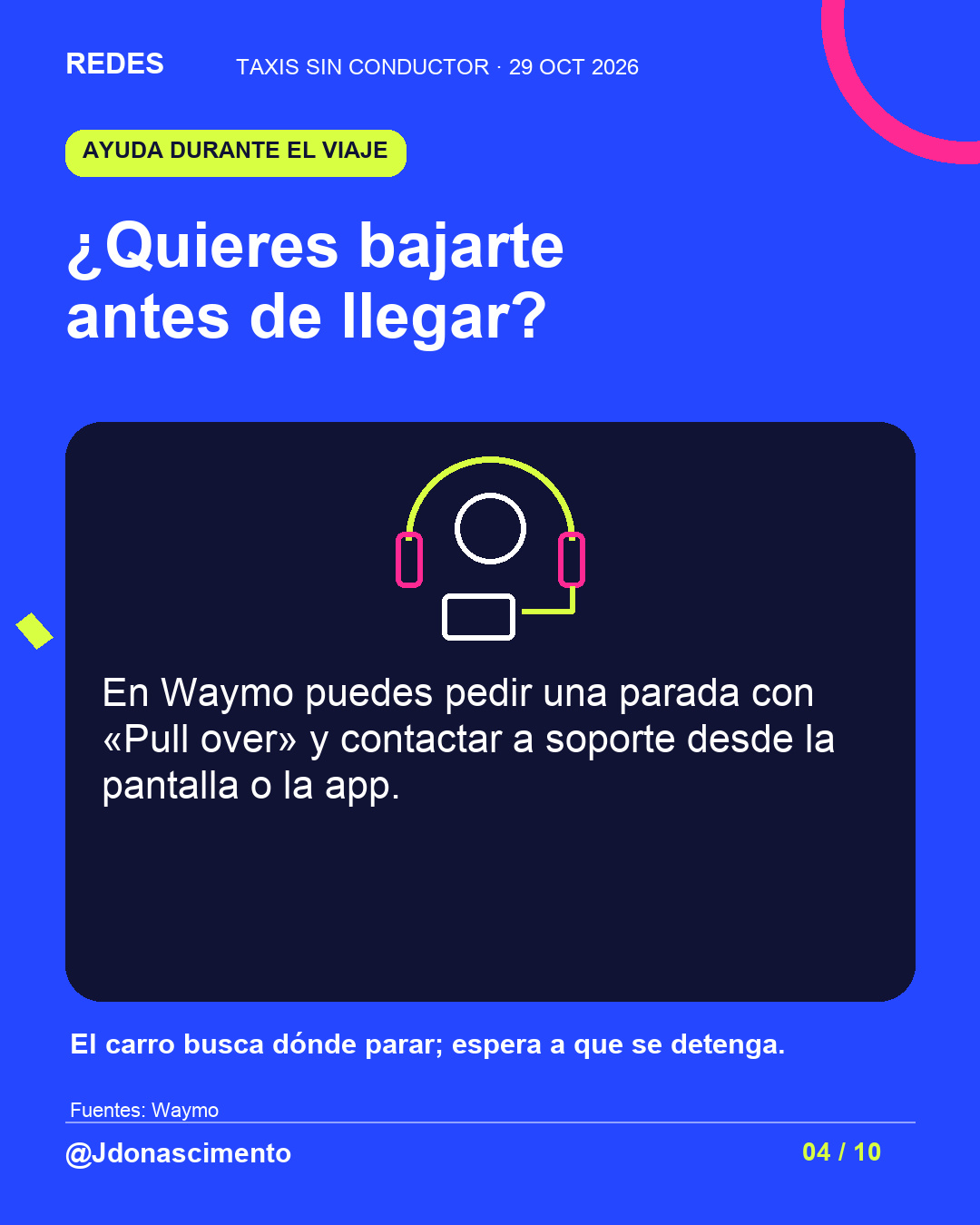 Fondo azul eléctrico, tarjeta medianoche e ilustración lineal original sobre Taxis sin conductor. ¿Quieres bajarte antes de llegar?. En Waymo puedes pedir una parada con «Pull over» y contactar a soporte desde la pantalla o la app. El carro busca dónde parar; espera a que se detenga.. Fuentes: Waymo. @Jdonascimento.