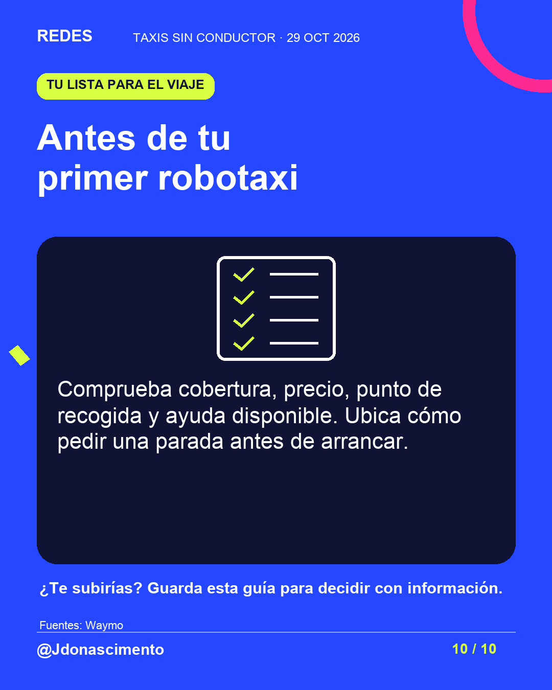Fondo azul eléctrico, tarjeta medianoche e ilustración lineal original sobre Taxis sin conductor. Antes de tu primer robotaxi. Comprueba cobertura, precio, punto de recogida y ayuda disponible. Ubica cómo pedir una parada antes de arrancar. ¿Te subirías? Guarda esta guía para decidir con información.. Fuentes: Waymo. @Jdonascimento.
