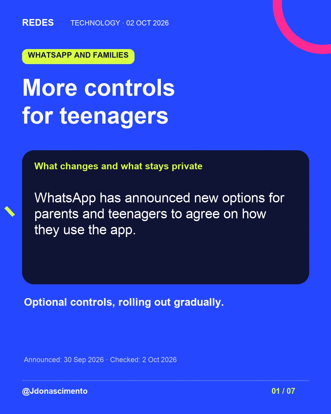 1/7. More controls for teenagers. What changes and what stays private. WhatsApp has announced new options for parents and teenagers to agree on how they use the app. Optional controls, rolling out gradually. Announced: 30 Sep 2026 · Checked: 2 Oct 2026