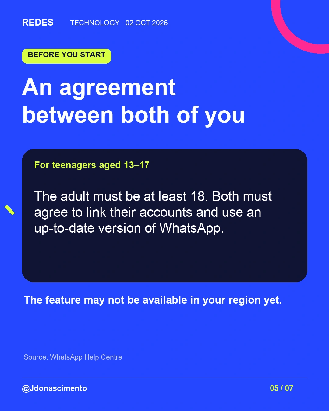 5/7. An agreement between both of you. For teenagers aged 13–17. The adult must be at least 18. Both must agree to link their accounts and use an up-to-date version of WhatsApp. The feature may not be available in your region yet. Source: WhatsApp Help Centre