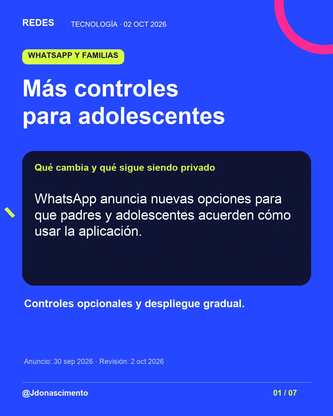1/7. Más controles para adolescentes. Qué cambia y qué sigue siendo privado. WhatsApp anuncia nuevas opciones para que padres y adolescentes acuerden cómo usar la aplicación. Controles opcionales y despliegue gradual. Anuncio: 30 sep 2026 · Revisión: 2 oct 2026