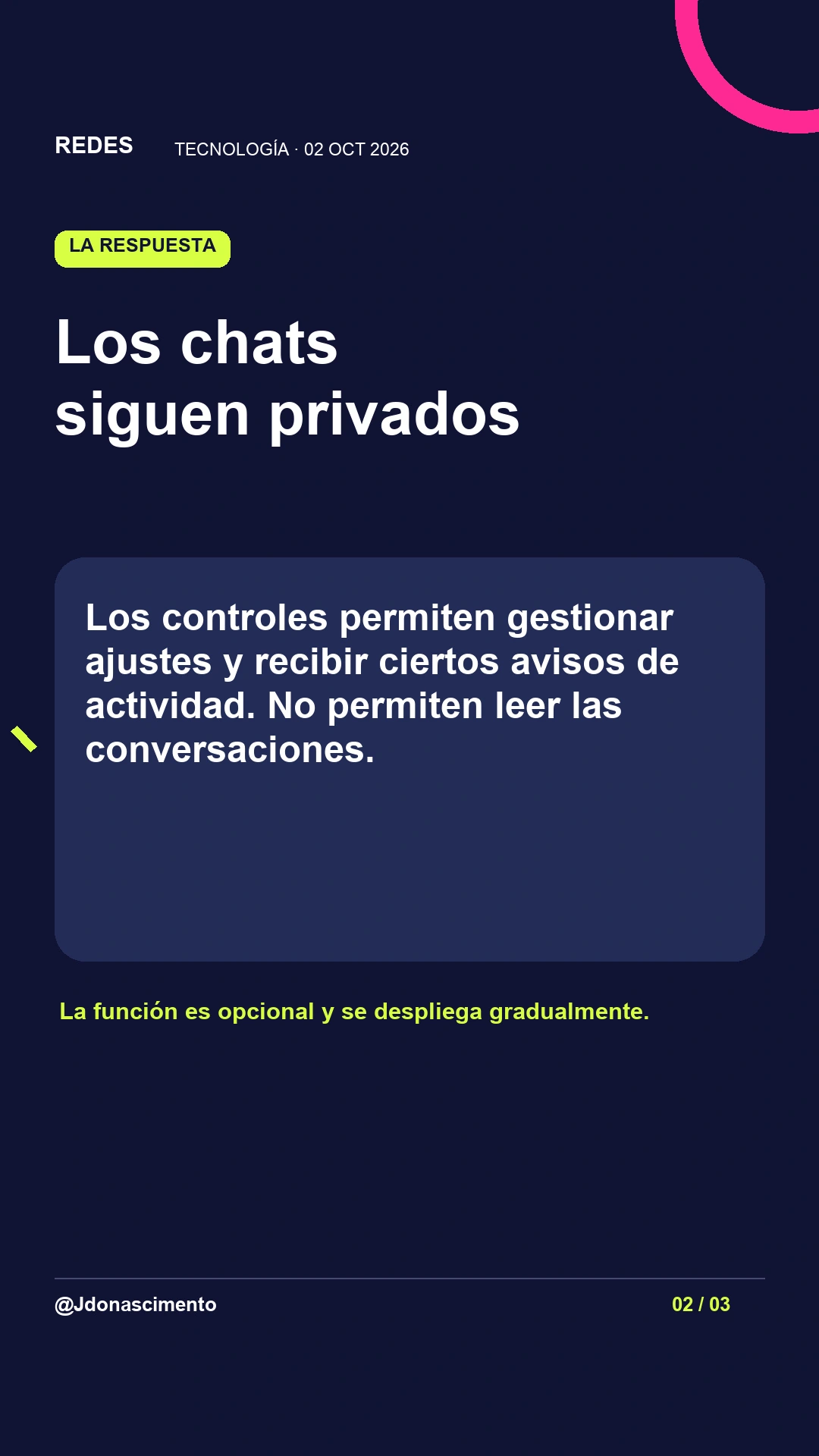 Los chats siguen privados. Los controles permiten gestionar ajustes y recibir ciertos avisos de actividad. No permiten leer las conversaciones. La función es opcional y se despliega gradualmente.