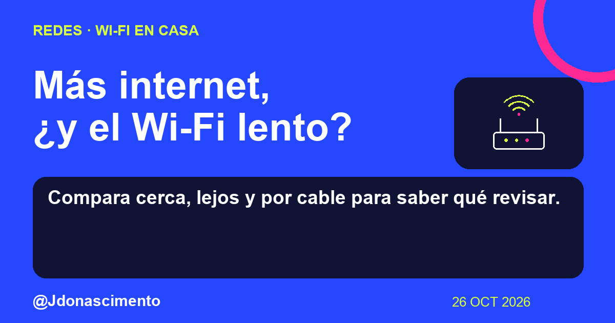 Fondo azul eléctrico, tarjeta medianoche e ilustración lineal de conexiones de red. Más internet, ¿y el Wi-Fi lento?. Compara cerca, lejos y por cable para saber qué revisar.. Fuentes: Which? · TP-Link. @Jdonascimento.