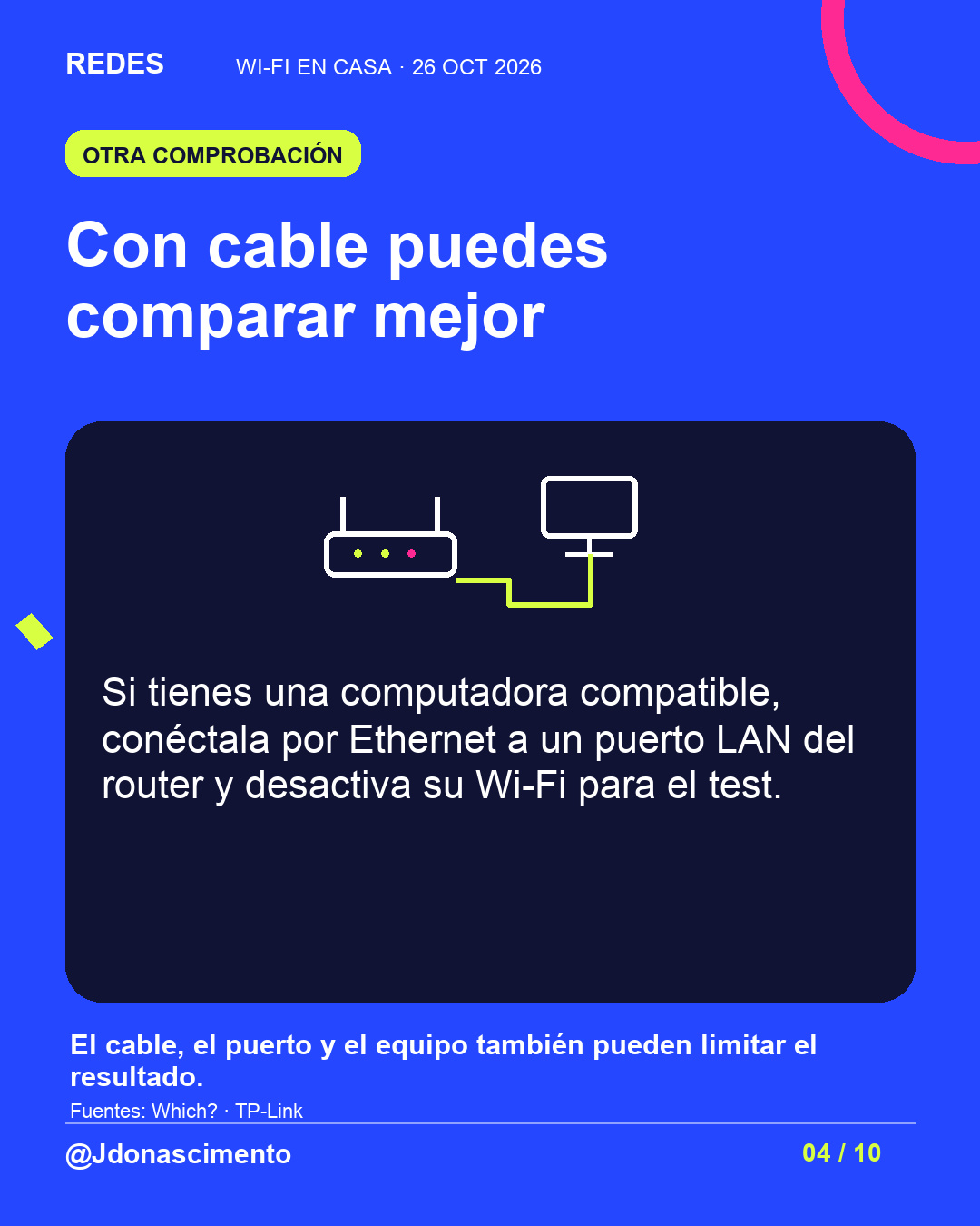 Fondo azul eléctrico, tarjeta medianoche e ilustración lineal de conexiones de red. Con cable puedes comparar mejor. Si tienes una computadora compatible, conéctala por Ethernet a un puerto LAN del router y desactiva su Wi-Fi para el test. El cable, el puerto y el equipo también pueden limitar el resultado.. Fuentes: Which? · TP-Link. @Jdonascimento.