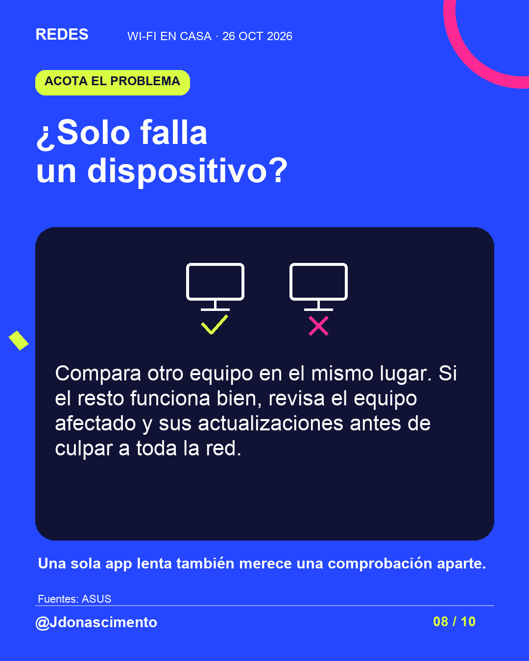 Fondo azul eléctrico, tarjeta medianoche e ilustración lineal de conexiones de red. ¿Solo falla un dispositivo?. Compara otro equipo en el mismo lugar. Si el resto funciona bien, revisa el equipo afectado y sus actualizaciones antes de culpar a toda la red. Una sola app lenta también merece una comprobación aparte.. Fuentes: ASUS. @Jdonascimento.